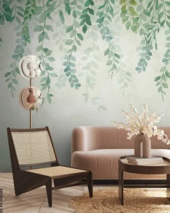 Livingwalls Fototapete Blätter creme blau grün B/L: ca. 280x371 cm