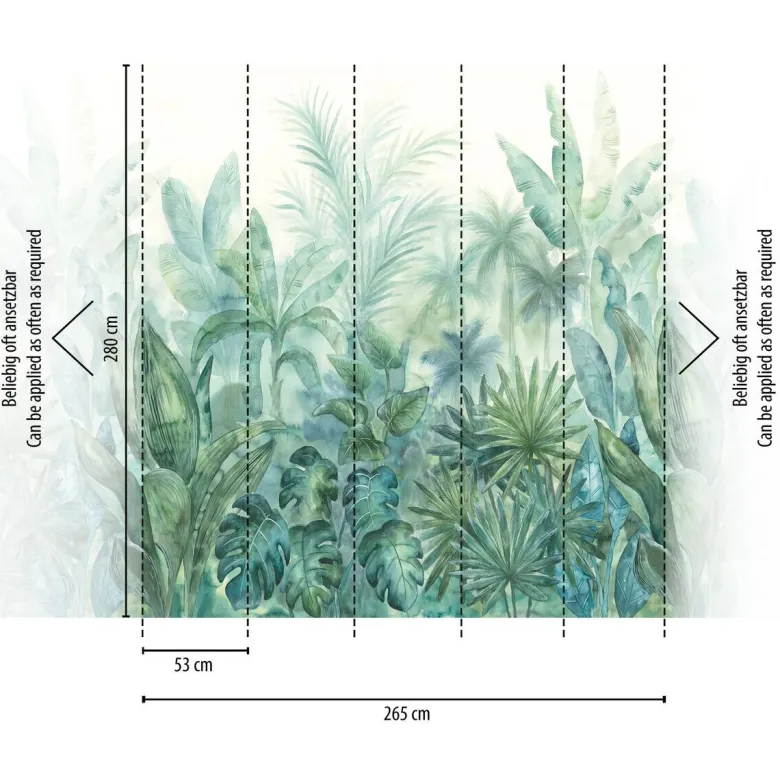 Livingwalls Fototapete Dschungel blau grün creme B/L: ca. 280x265 cm
