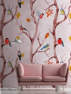 Livingwalls Fototapete Zweige braun rosa gelb B/L: ca. 280x159 cm
