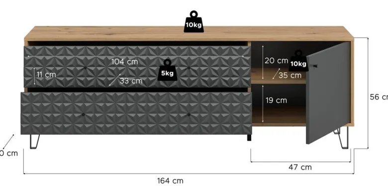 Lowboard PRISMA Artisan Oak Nachbildung anthrazit matt B/H/T: ca. 164x56x40 cm