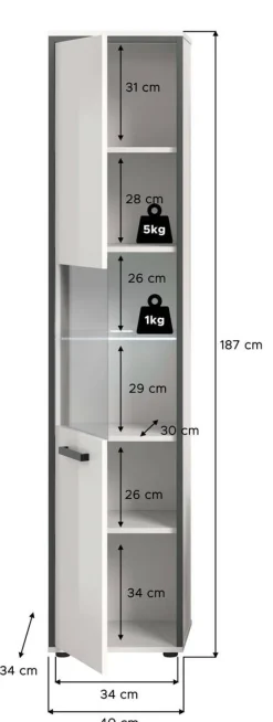Midischrank KOJAK weiß Hochglanz anthrazit grau B/H/T: ca. 40x188x34 cm