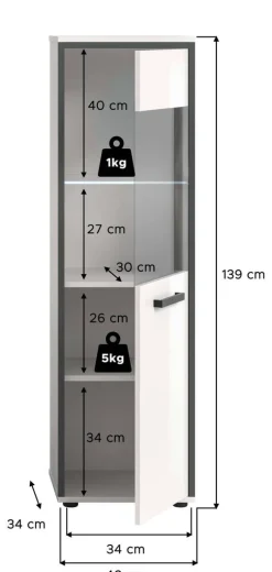 Midischrank KOJAK weiß Hochglanz anthrazit grau B/H/T: ca. 40x139x34 cm