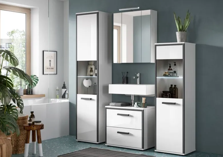 Midischrank KOJAK weiß Hochglanz anthrazit grau B/H/T: ca. 40x139x34 cm