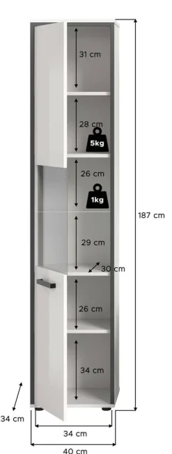 Midischrank KOJAK weiß Hochglanz anthrazit grau B/H/T: ca. 40x188x34 cm