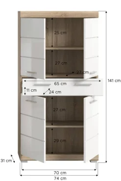 Midischrank Lambada Eiche Sonoma Nachbildung weiß Hochglanz B/H/T: ca. 74x141x31 cm