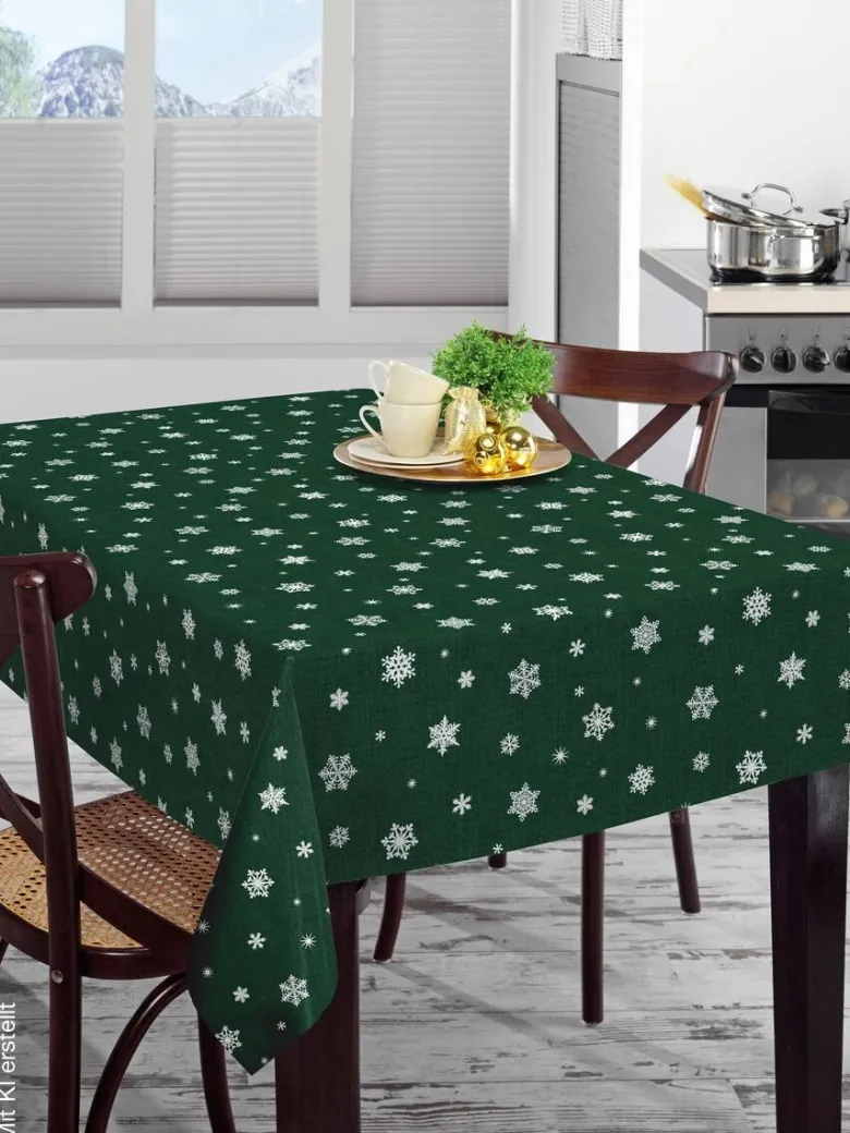 Milano Abwaschbarer Tischbelag Schneeflocken grün B: ca. 140 cm