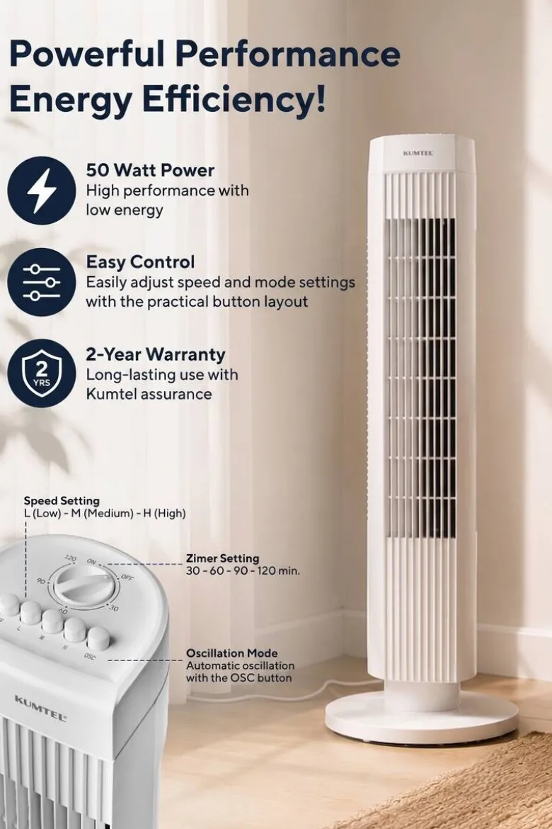 Opviq - Kumtel Standventilator weiß Kunststoff B/H/L: ca. 24,4x74,5x24,4 cm