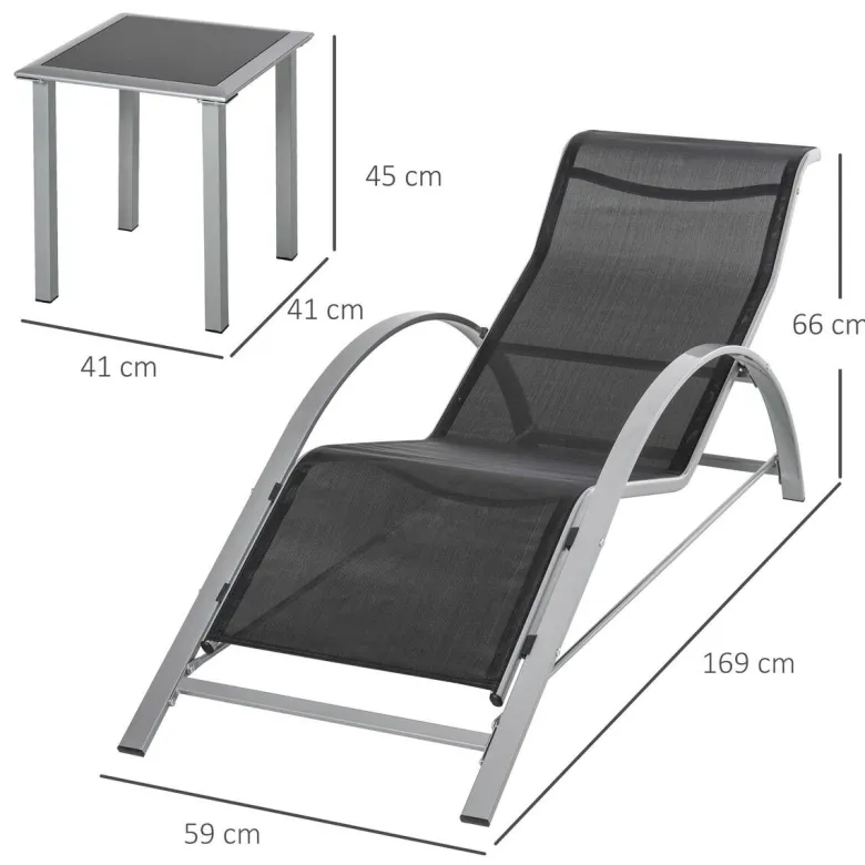 Outsunny Gartenliege-Set mit Tisch schwarz Metall B/H/T: ca. 59x66x169 cm