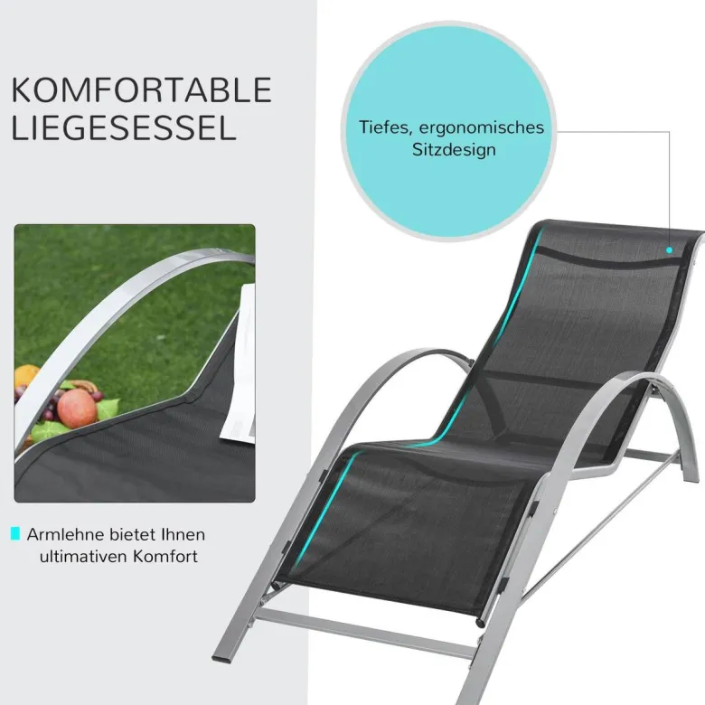 Outsunny Gartenliege-Set mit Tisch schwarz Metall B/H/T: ca. 59x66x169 cm