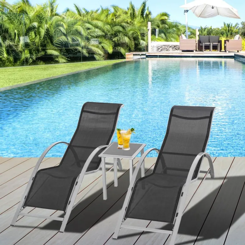 Outsunny Gartenliege-Set mit Tisch schwarz Metall B/H/T: ca. 59x66x169 cm