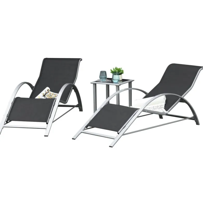 Outsunny Gartenliege-Set mit Tisch schwarz Metall B/H/T: ca. 59x66x169 cm