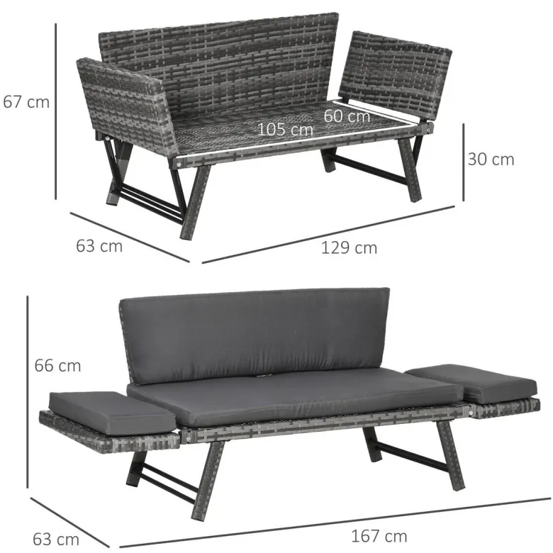 Outsunny Gartensofa grau Polyrattan B/H/L: ca. 63x129x67 cm