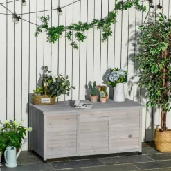 Outsunny Gartentruhe mit Stauraum grau Holz B/H/L: ca. 56x60x127 cm