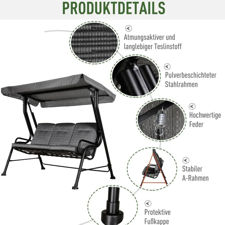 Outsunny Hollywoodschaukel schwarz Stahl B/H/T: ca. 200x170x120 cm