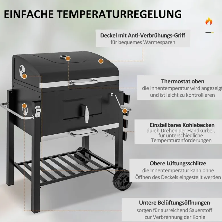 Outsunny Holzkohlegrill Edelstahl B/H/L: ca. 65x108x113 cm