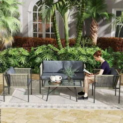 Outsunny Rattan Gartenmöbel-Set grau Stahl B/H/L: ca. 65x68x116 cm