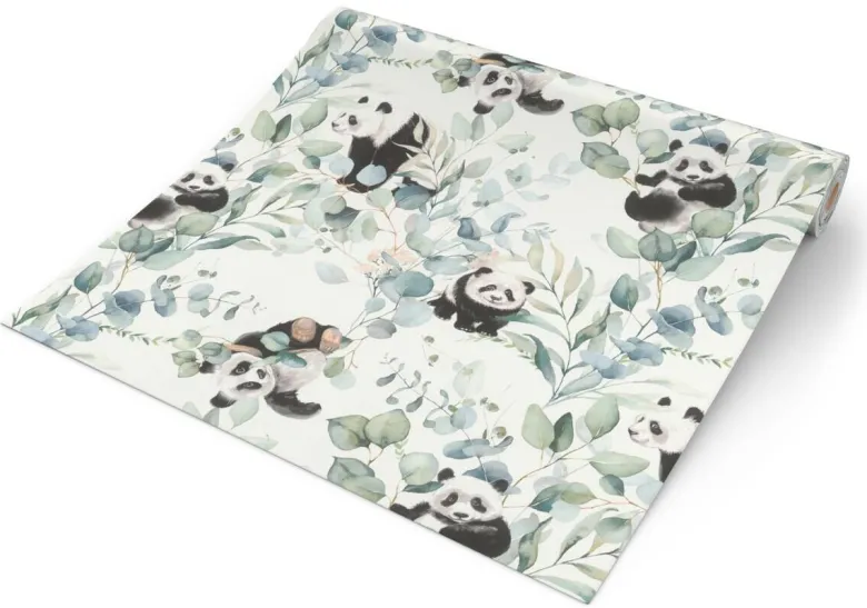 Papiertapete Pandabären weiß grün B/L: ca. 53x1005 cm