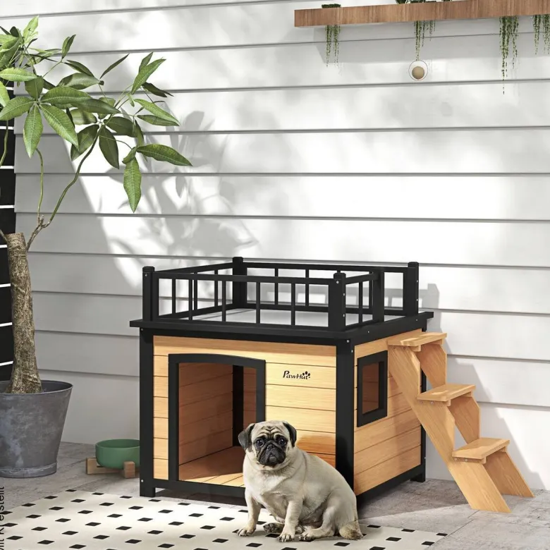 PawHut Hundehütte gelb Holz B/H/L: ca. 77x78x121 cm