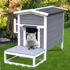 PawHut Katzenhaus grau Holz B/H/L: ca. 67x75x115 cm