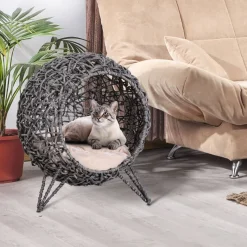 PawHut Katzenkorb Silbergrau Rattan B/H/L: ca. 52x58x52 cm