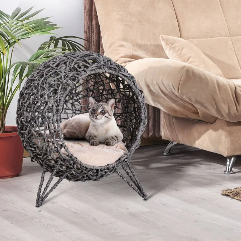 PawHut Katzenkorb Silbergrau Rattan B/H/L: ca. 52x58x52 cm