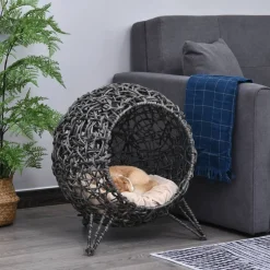 PawHut Katzenkorb Silbergrau Rattan B/H/L: ca. 52x58x52 cm