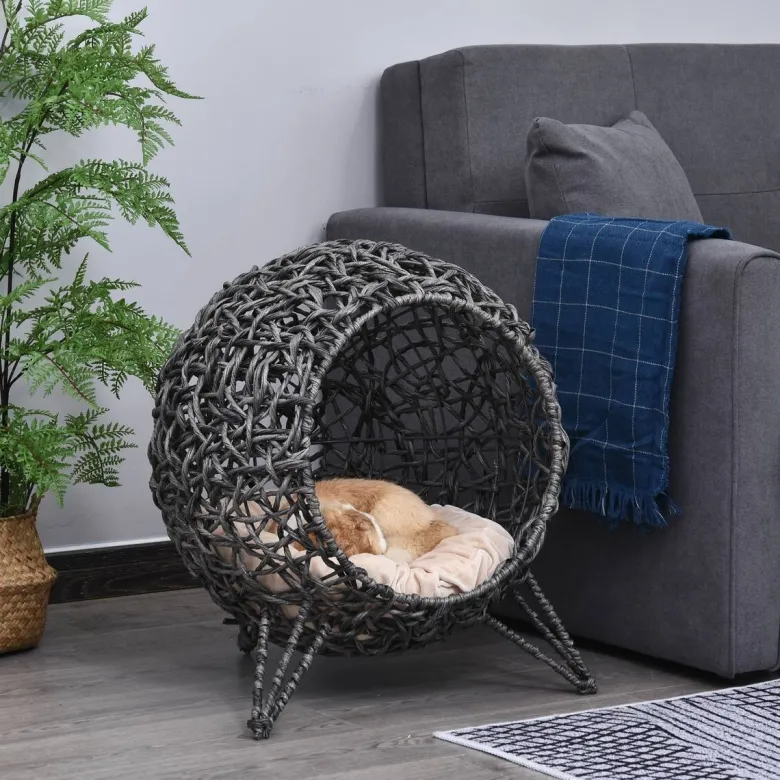 PawHut Katzenkorb Silbergrau Rattan B/H/L: ca. 52x58x52 cm