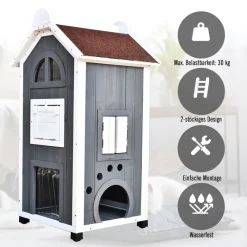 PawHut Katzenvilla grau Holz B/H/L: ca. 55x109x59 cm
