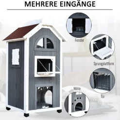 PawHut Katzenvilla grau Holz B/H/L: ca. 55x109x59 cm