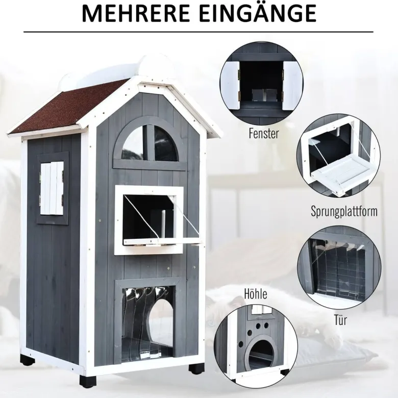 PawHut Katzenvilla grau Holz B/H/L: ca. 55x109x59 cm