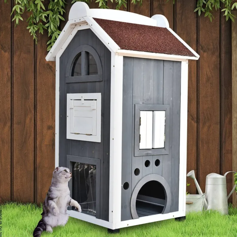 PawHut Katzenvilla grau Holz B/H/L: ca. 55x109x59 cm