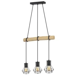 POCOline Pendelleuchte Minetta schwarz natur Metall Holz B/H/T: ca. 50x140x13 cm E27 3 Brennstellen