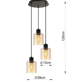POCOline Pendelleuchte Pim schwarz amber Glas Metall H/D: ca. 120x29 cm E27 3 Brennstellen