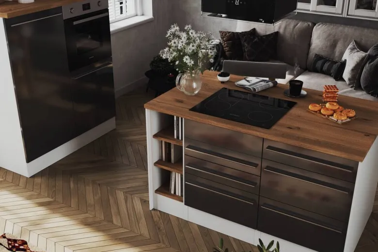Respekta Inselküche Gabriel grau Hochglanz B/H/T: ca. 290x200x60 cm