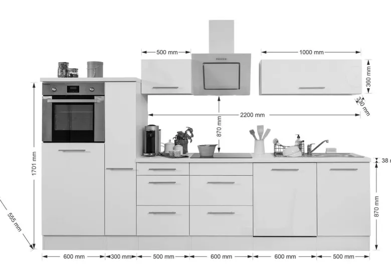 Respekta Küchenblock Amanda grau Hochglanz B/H/T: ca. 310x200x60 cm