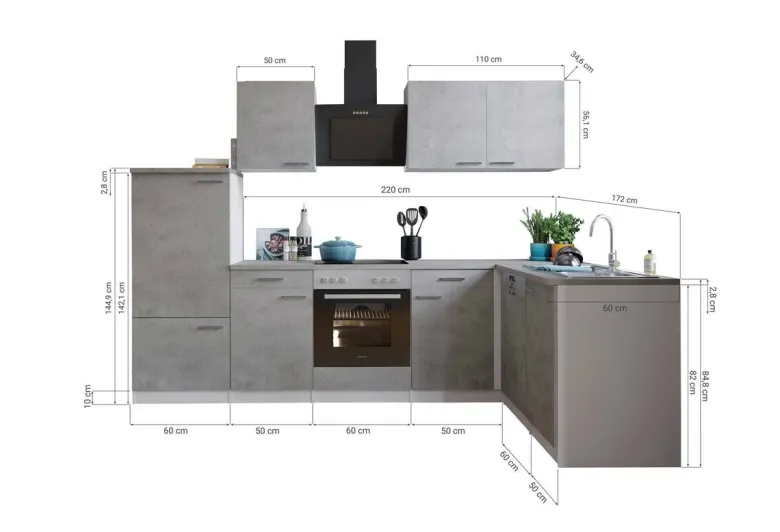 Respekta Winkelküche Malia Beton Optik B/H/T: ca. 280x200x172 cm