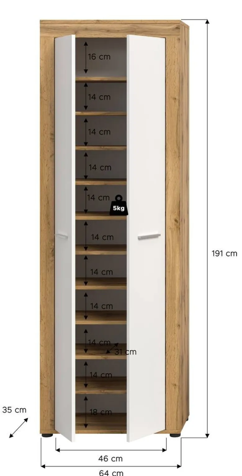 Schuhschrank JAM Eiche Wotan Nachbildung weiß B/H/T: ca. 64x191x35 cm