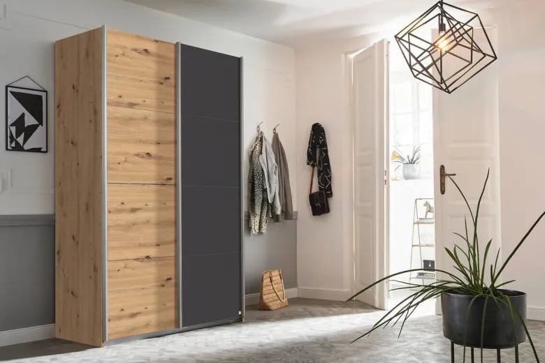 Schwebetürenschrank Quadra Eiche Artisan grau B/H/T: ca. 136x210x57 cm