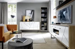 Sideboard Brolo Eiche Cleveland Nachbildung weiß Hochglanz schwarz B/H/T: ca. 167x90x40 cm