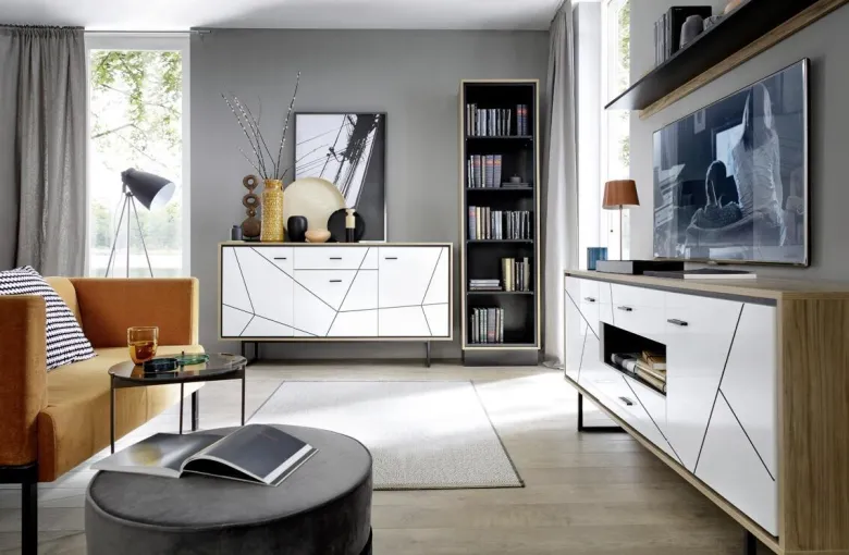Sideboard Brolo Eiche Cleveland Nachbildung weiß Hochglanz schwarz B/H/T: ca. 167x90x40 cm