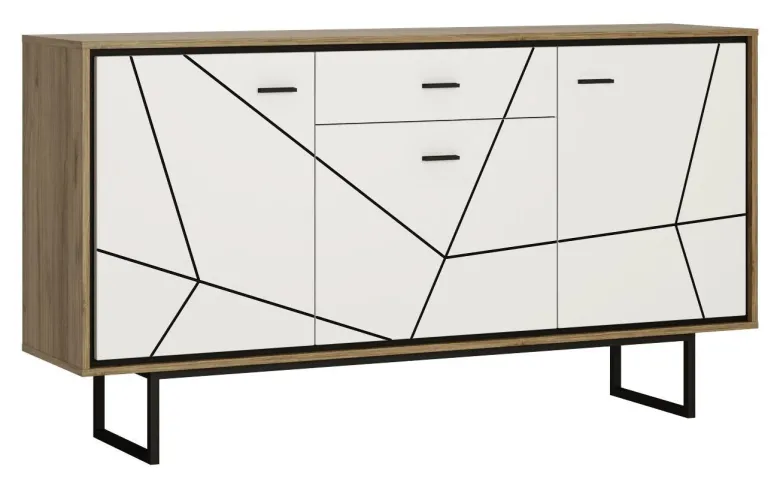 Sideboard Brolo Eiche Cleveland Nachbildung weiß Hochglanz schwarz B/H/T: ca. 167x90x40 cm