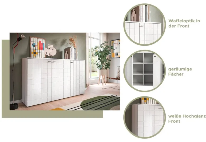 Sideboard Monte weiß weiß Hochglanz B/H/T: ca. 138x86x37 cm