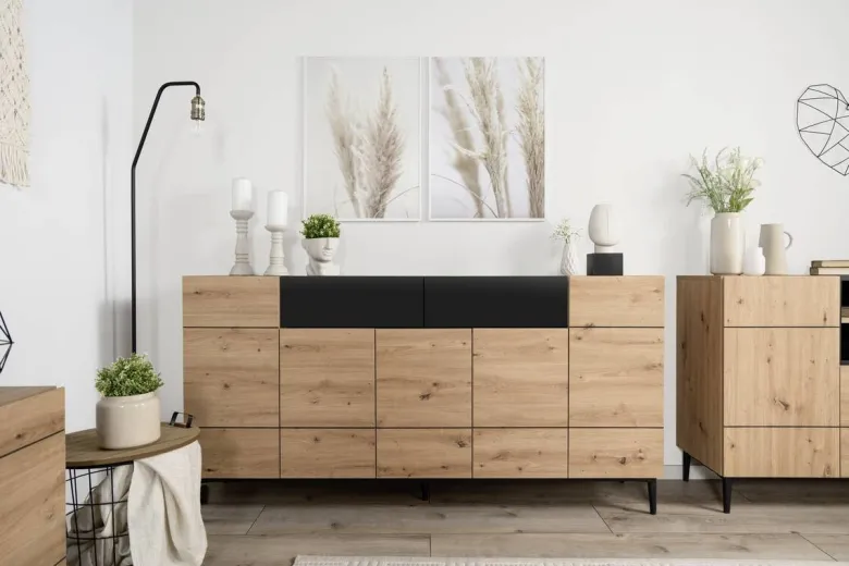 Sideboard Nola Eiche Artisan Nachbildung schwarz B/H/T: ca. 180x90x42 cm