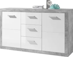 Sideboard Stone Beton Optik weiß glänzend B/H/T: ca. 147x89x37 cm