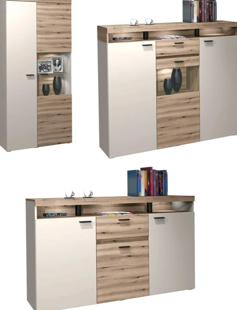 Sideboard Strada weiß Eiche Viking Optik Spanplatte B/H/T: ca. 151x89x37 cm