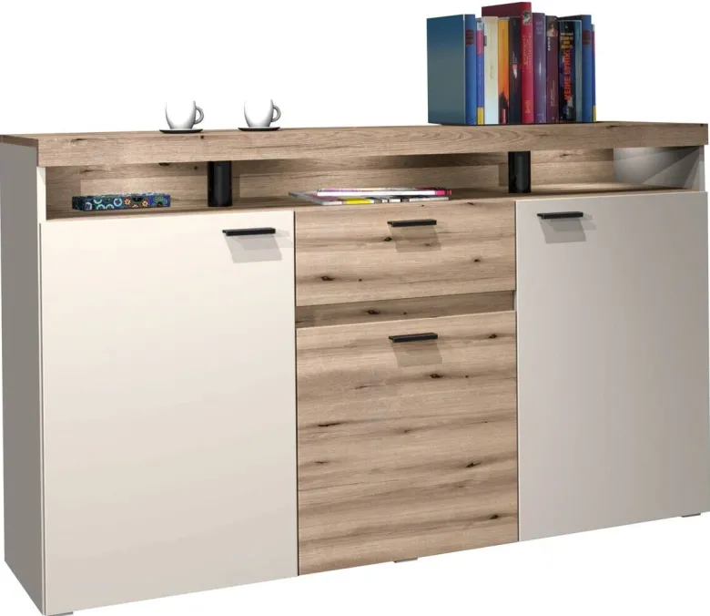 Sideboard Strada weiß Eiche Viking Optik Spanplatte B/H/T: ca. 151x89x37 cm