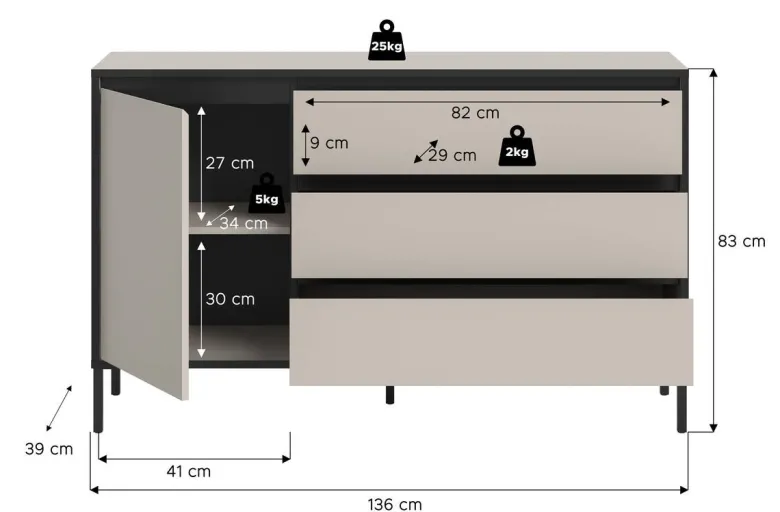 Sideboard Tron Kaschmirgrau Nachbildung schwarz B/H/T: ca. 136x83x38 cm