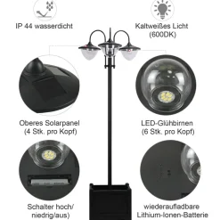 Solarlaterne mit Blumentopf schwarz Aluminium Edelstahl Polypropylen B/H/L: ca. 55x189x60 cm