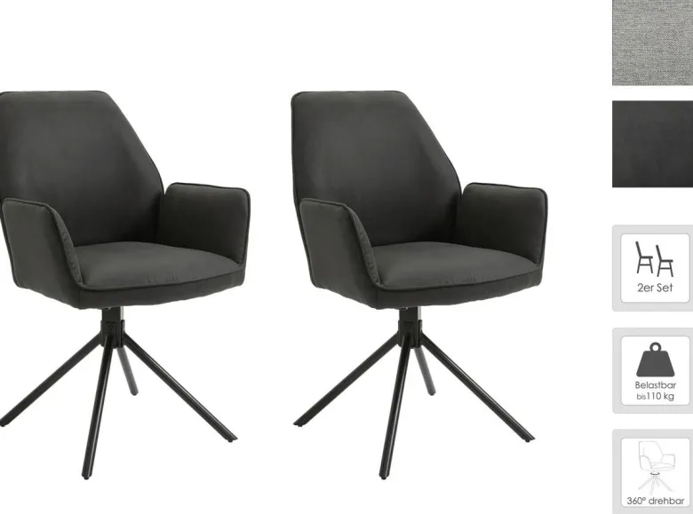 Stuhl BLAIR 2er-Set anthrazit Vintage schwarz Stoff Metall B/H/T: ca. 57x89x61 cm