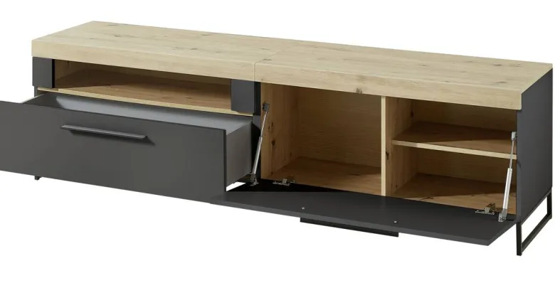TV-Lowboard Loft Two Eiche Artisan Nachbildung Graphit Lacklaminat supermatt B/H/T: ca. 192x55x44 cm